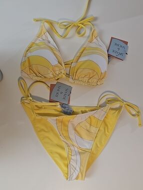 Shade & Shore Women's M REVERSIBLE Yellow/White Geo Print Bikini Set